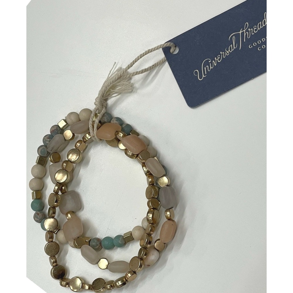 Universal Thread Genuine Stone Beaded Stretch Bracelet Set 3pc Gold Green Pink